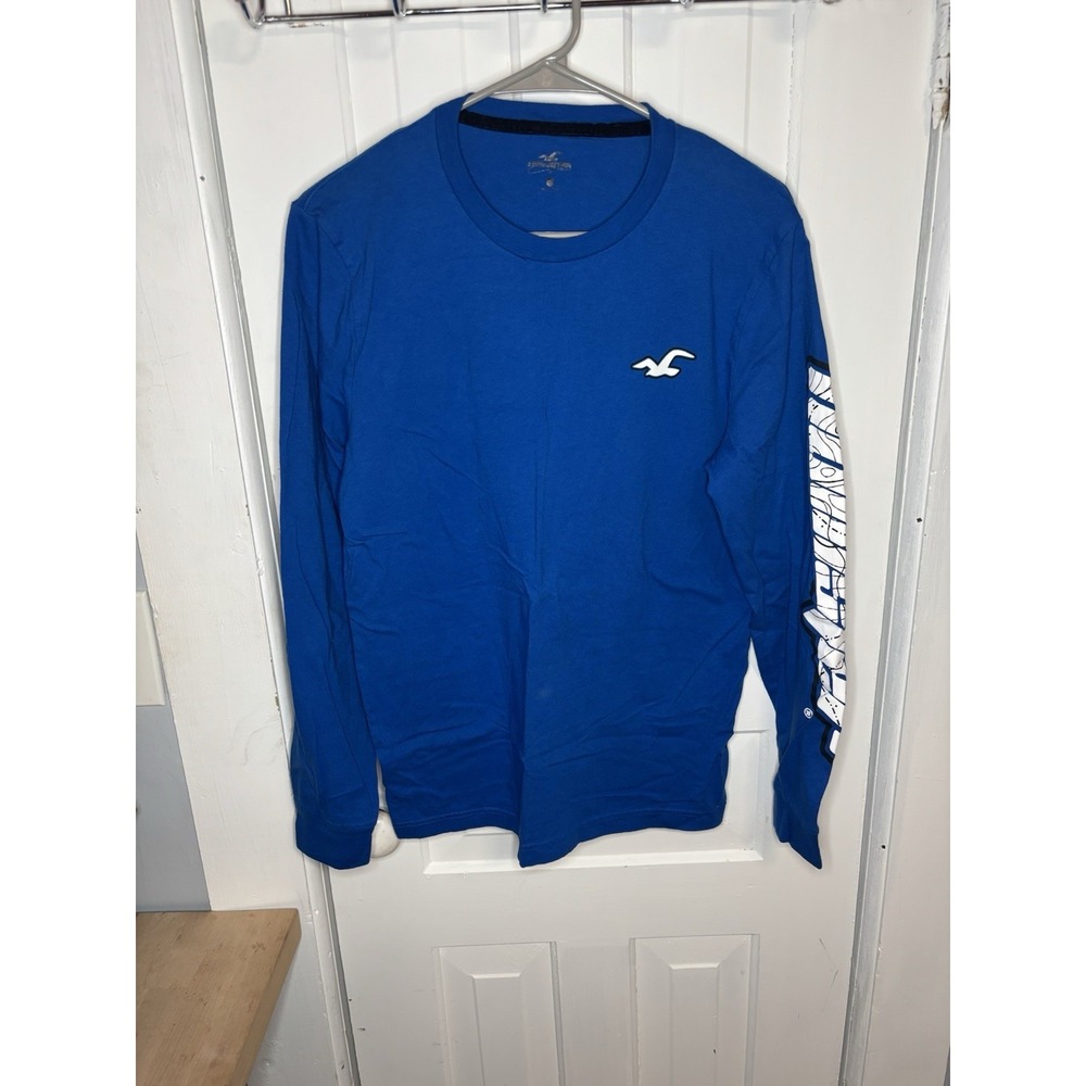 Hollister Men's Small Blue Long Sleeve Graphic‎ Logo Crew Neck T-Shirt Regular